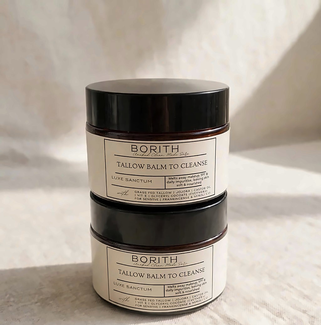 Borith tallow balm to cleanse jars on linen