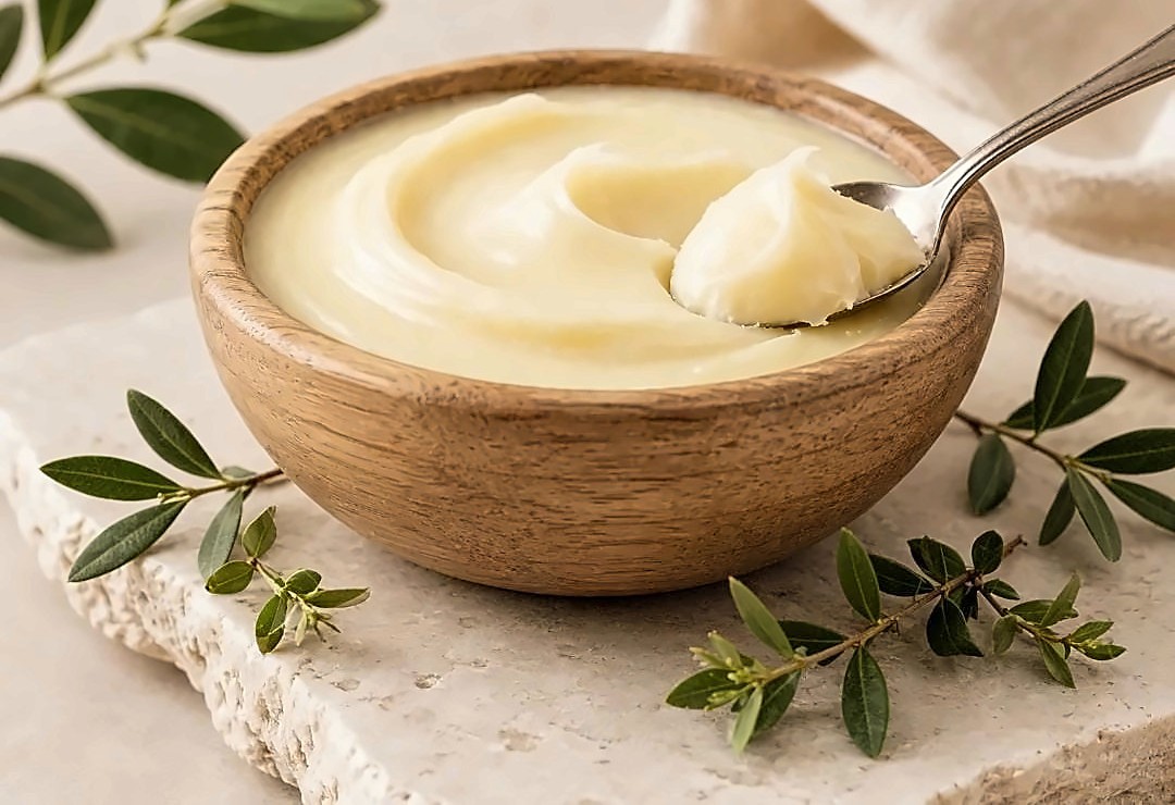 Whipped tallow in a wooden bowl